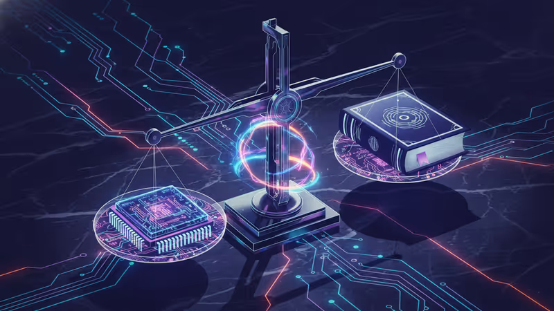 A balance scale weighing an AI chip against a law book