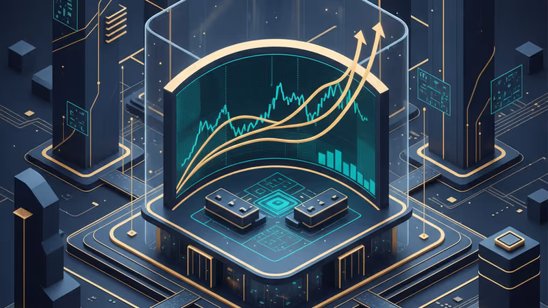 Digital stock ticker in a New York bank lobby showing upward trends and financial data