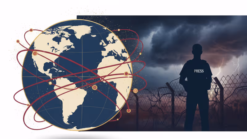 ベネズエラ国境のフェンス越しに街を見つめるカメラを持ったジャーナリスト