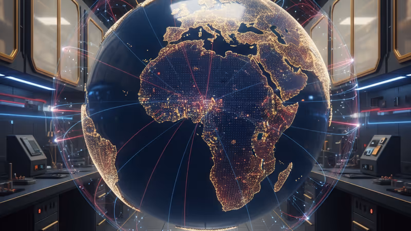 아프리카 지도와 데이터 흐름이 표시된 디지털 그래픽