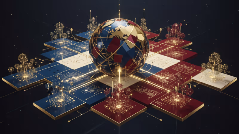 Abstract digital battlefield symbolizing the AI technology race between the US and China