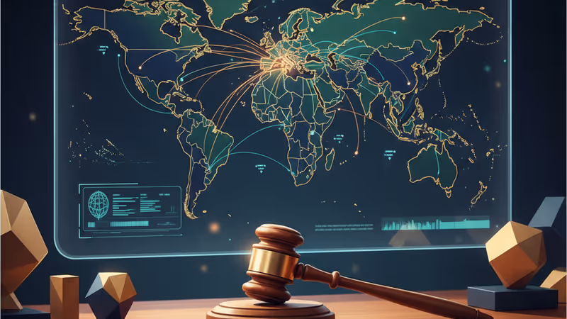 A gavel and a digital screen showing crypto trends