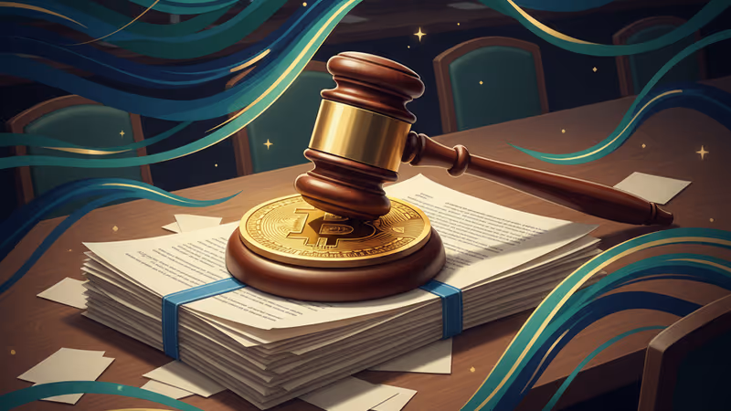 금색 비트코인 위에 놓인 법봉과 법안 문서들