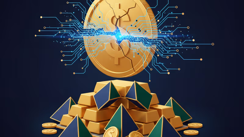 A cracking golden US dollar coin with digital network circuits