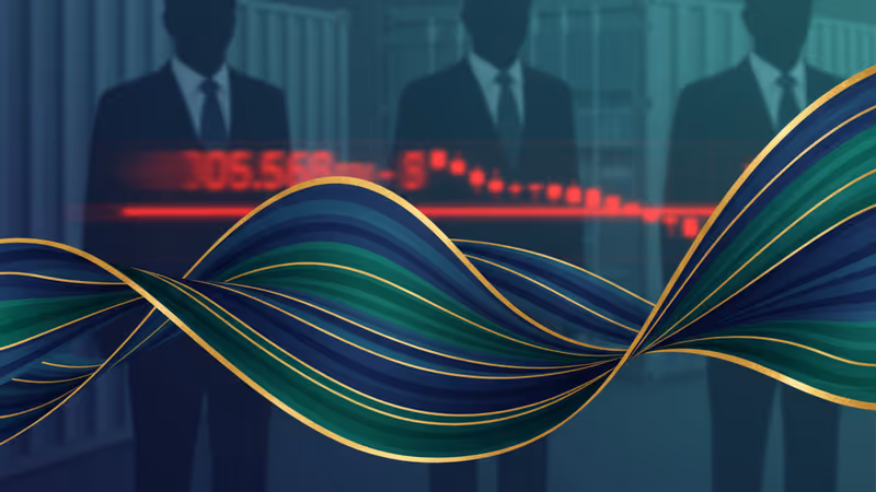 象徵美歐貿易裂痕與科技股、比特幣下跌的數位藝術圖