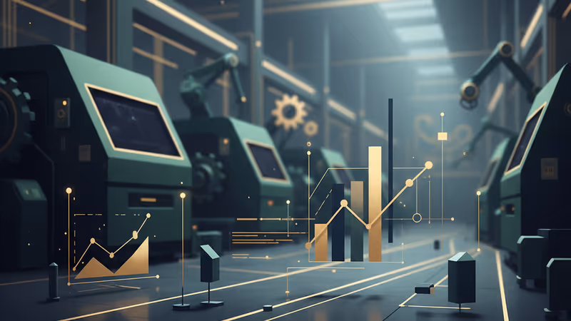 米国工場の製造ラインと下降するグラフのイメージ