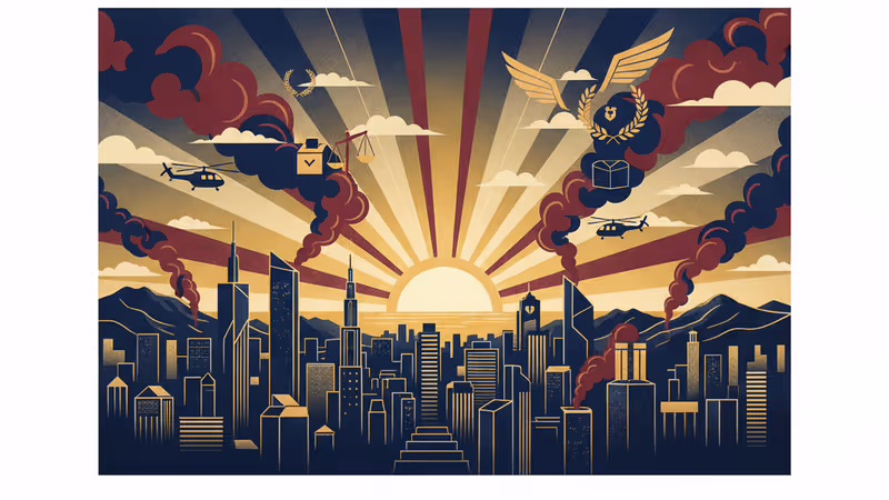 ベネズエラの地図と軍事作戦を象徴するグラフィック