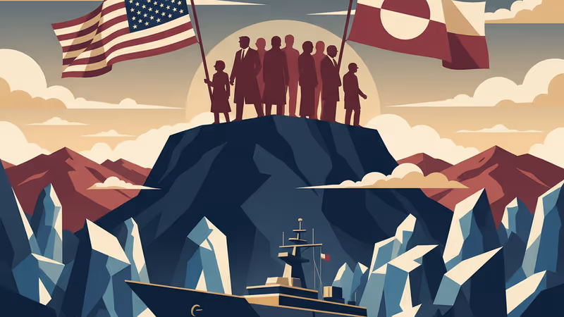 Flags of the US and Greenland in an Arctic setting