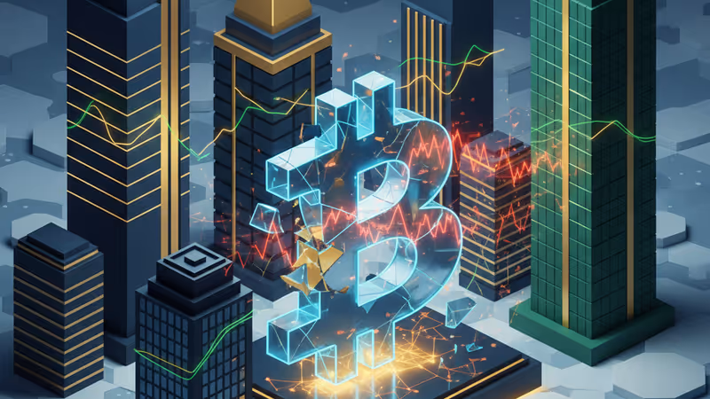 Icy Greenland landscape with a falling Bitcoin chart overlay