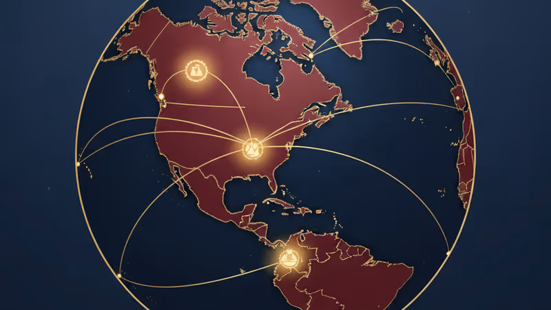 그린란드와 라틴 아메리카를 잇는 미국의 외교적 영향력을 상징하는 세계 지도