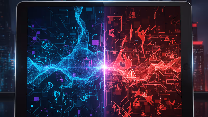 갈등하는 뉴스 데이터와 경고 기호가 표시된 태블릿 화면