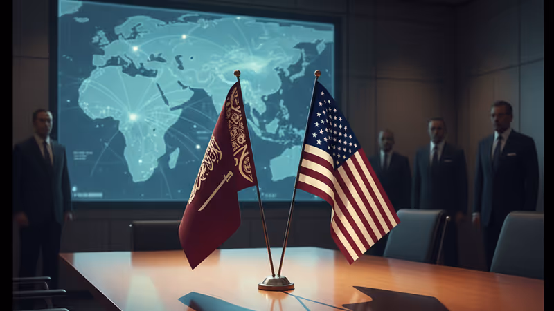 沙地上的棋局與遠處油井倒影的抽象外交隱喻