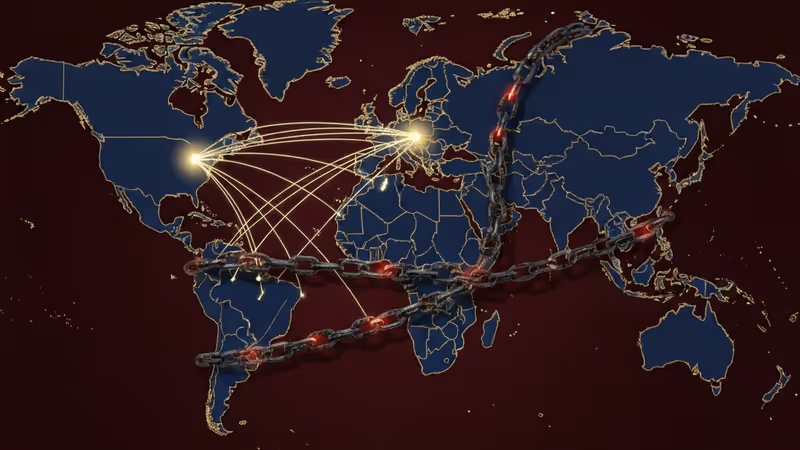 Digital world map showing economic pressure lines between the US and Iran