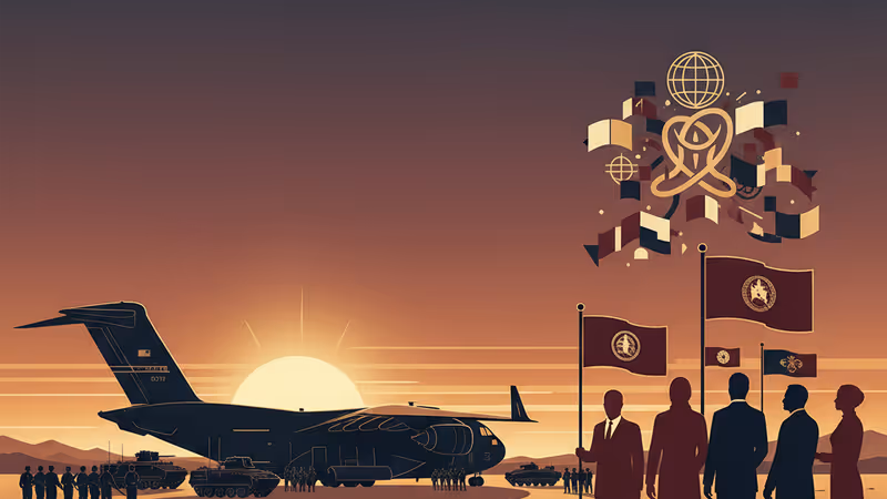 Military transport aircraft and armored vehicles on a desert runway at dusk.