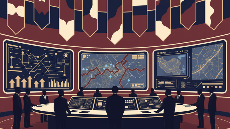 High-tech control room showing maps of Tehran and Caracas with cyber data