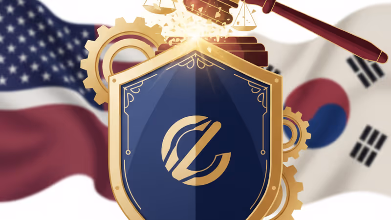 Illustration of a gavel hitting a digital shield with the Coupang logo