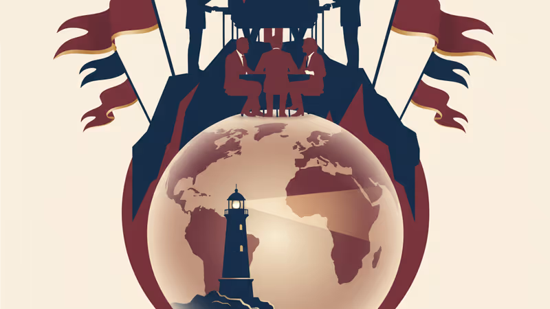 昏暗背景中出現裂痕的正義天平與美國國旗，象徵道德領導力的衰落。