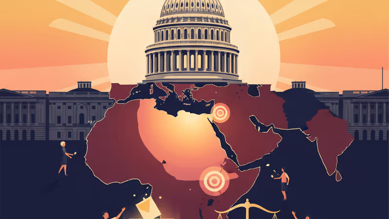 US State Department seal overlaying a Middle East map with symbolic tension