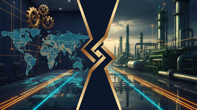 Split view of a corporate boardroom and an oil refinery