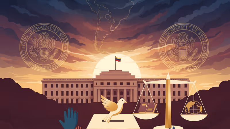 ベネズエラ周辺の地図を囲む外交官たちの会議風景