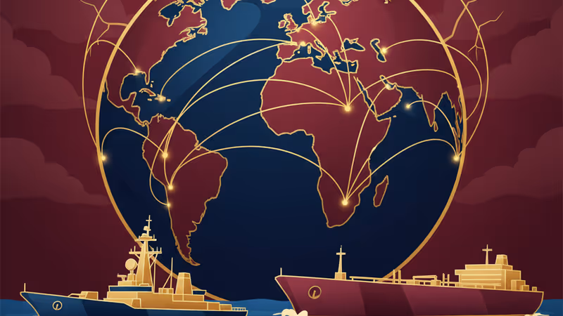 荒れた海上でタンカーを監視する軍艦の様子