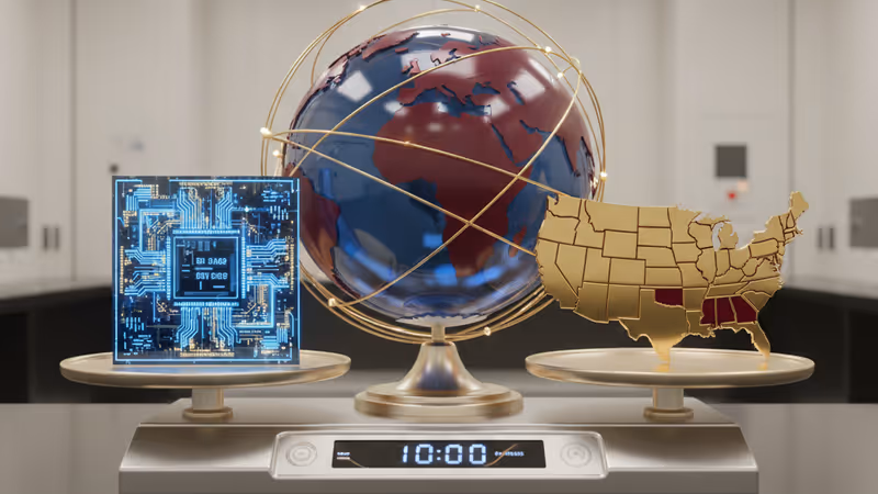 A high-tech semiconductor wafer balanced against a US map on a scale.