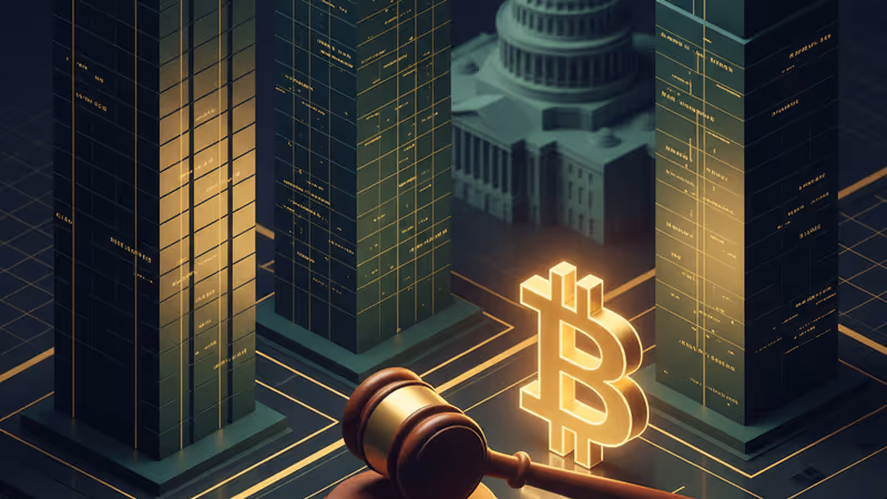 A gavel and digital crypto symbols in front of the US Capitol