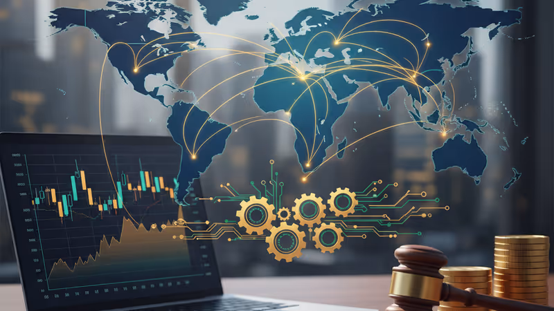 암호화폐 차트 화면 앞에 놓인 법정 가벨