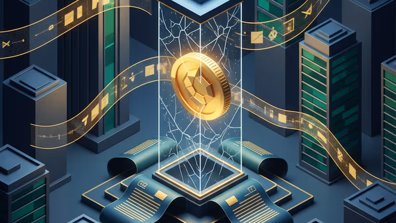 미국 상원 법안 서류 앞에 놓인 스테이블코인 심볼