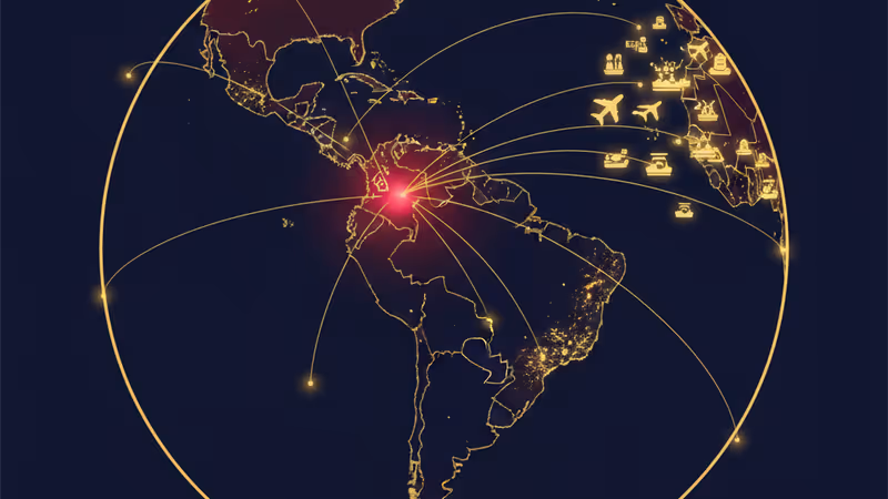 베네수엘라 지도 위 카라카스 공습 경보와 한국 국기 아이콘
