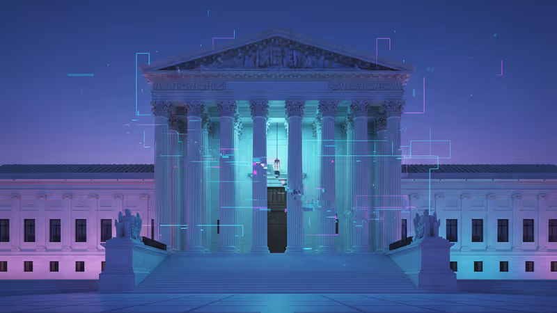 미 연방 대법원 건물 배경과 디지털 데이터 스트림