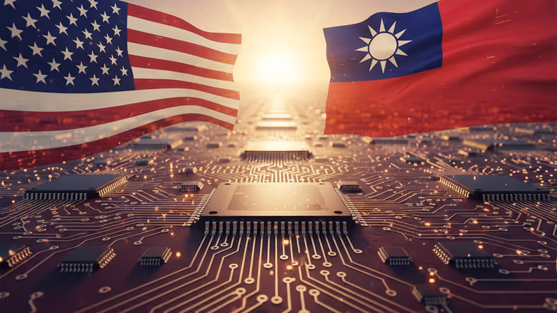 Semiconductor wafer with US and Taiwan flags in the background