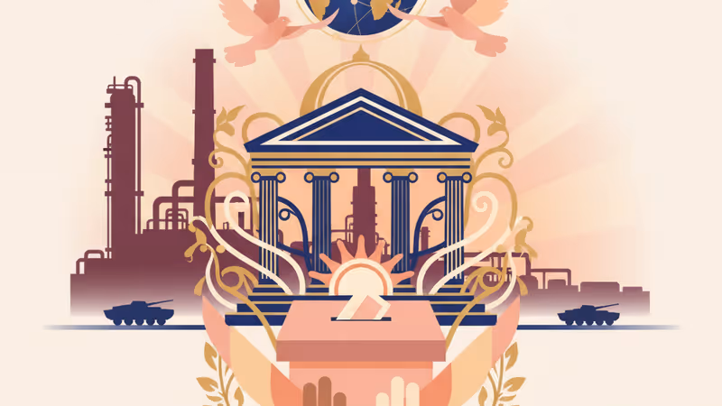 夕暮れ時のヴェネズエラの石油施設と遠くに見える軍事車両