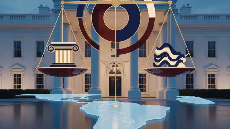 Geopolitical map of the Americas with diplomatic symbols representing US-Venezuela relations