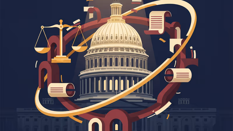 夕焼け空の下、軍事的な緊張感が漂うアメリカ連邦議会議事堂。