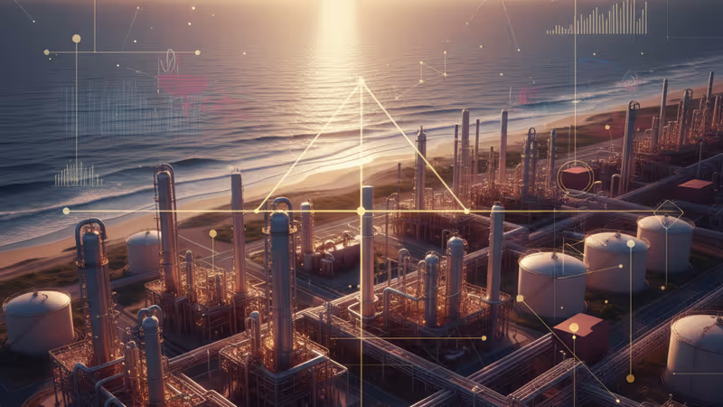 미국 항구에 정박 중인 대형 유조선과 에너지 통계 그래픽