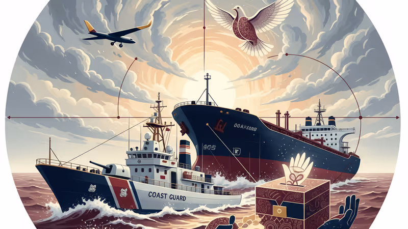 북대서양에서 미 해안경비대가 유조선을 나포하는 모습