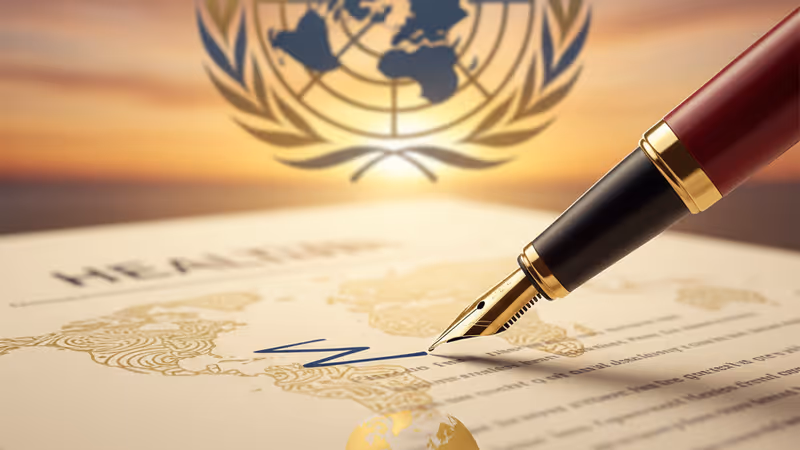A person signing a document in front of the WHO logo
