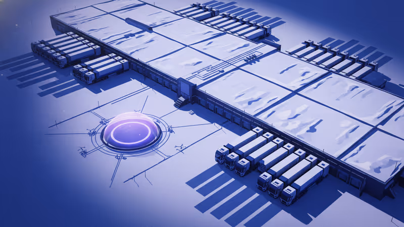 Line of delivery trucks waiting at a massive snow-covered logistics hub