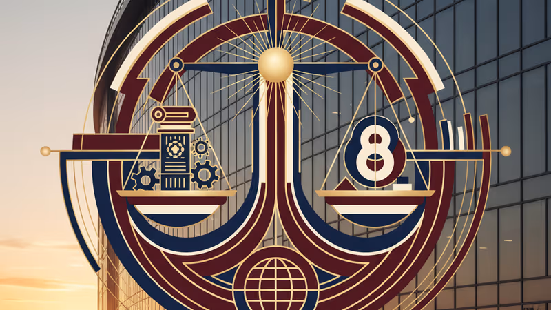 夕暮れ時のタシュケントの近代的な政府ビルと透明性を象徴するデジタルネットワークのイメージ