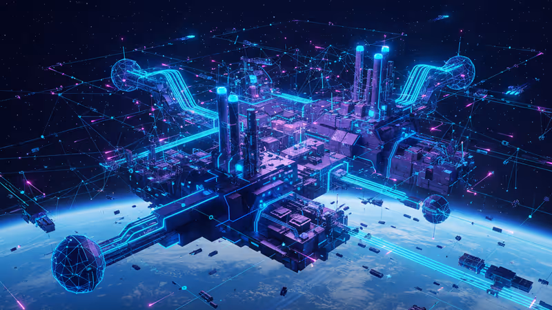 지구 궤도에 위치한 미래형 우주 공장과 노동자 거주 구역 전경