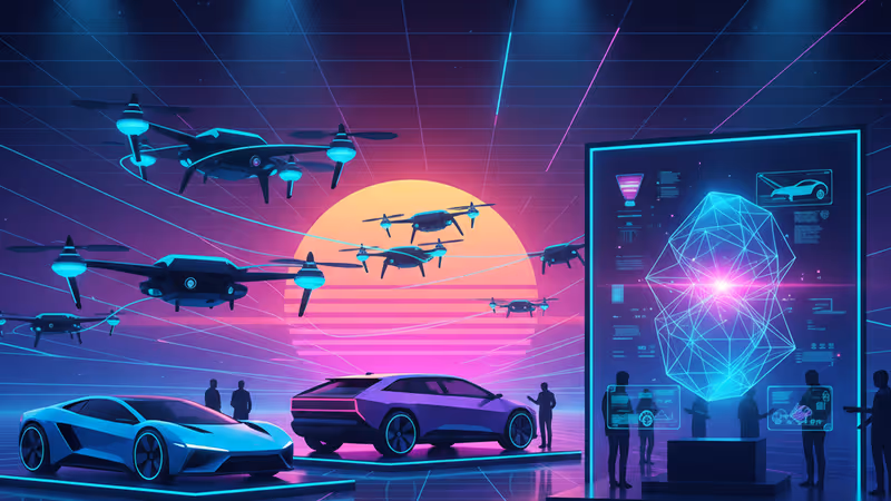 화려한 조명 아래 전시된 CES 2026의 첨단 로봇과 디스플레이