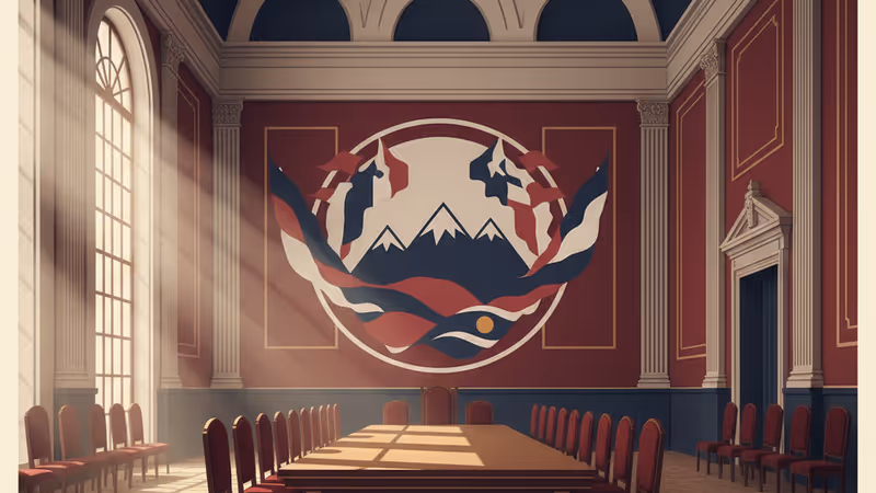 ベネズエラ国旗と夜明け前の政府庁舎の風景