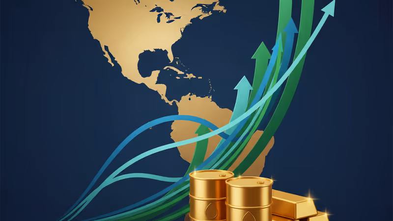 미국 증시 상승을 나타내는 지표와 유가 및 금을 상징하는 오브젝트들의 합성 이미지