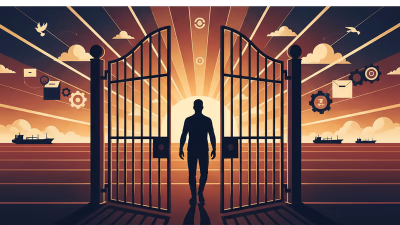 석방되는 수감자와 멀리 보이는 유조선 전경