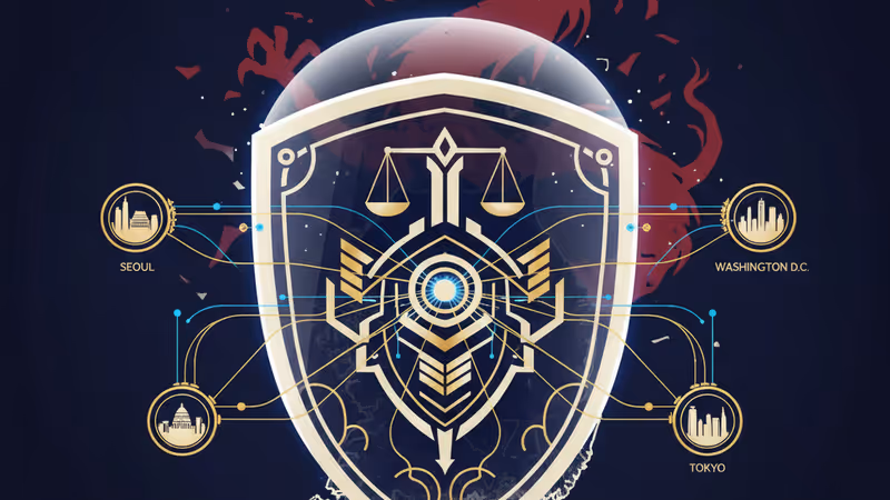 韓国の原子力潜水艦と、背後で連携する日米韓の国旗。経済的抑止を象徴するイメージ。