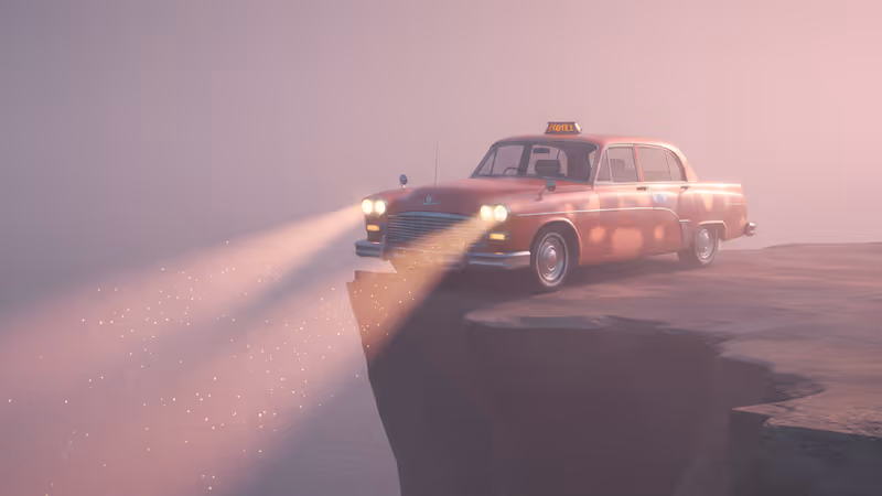 밤의 안개 낀 해안가에 서 있는 모범택시