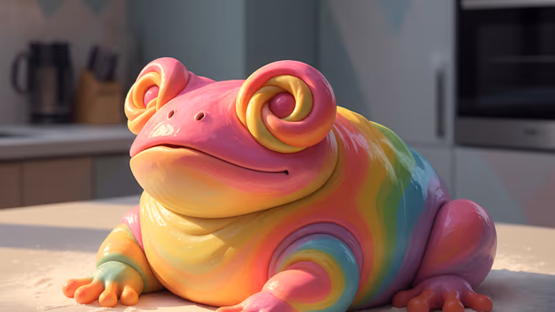 A hilariously deformed frog-shaped bread on a messy kitchen counter