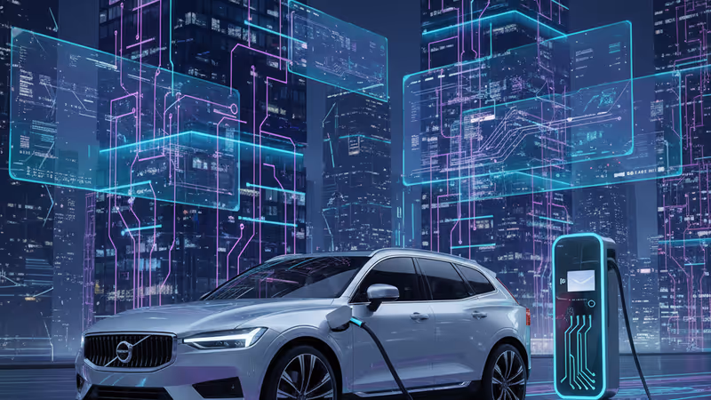 초고속 충전소에 주차된 볼보 EX60 전기 SUV의 측면 모습
