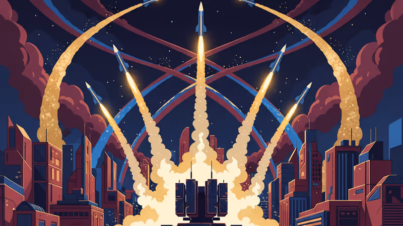 冬の曇り空を飛行する軍用ドローンとヴォロネジの街並み